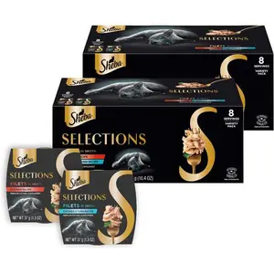 Sheba Selections Filets in Broth, Adult Cat Food Wet Recipe, Meal Complement, Wet Cat Food Variety Pack, Chicken Recipe and Chicken & Tuna Recipe, 1.3 oz. Cups, 8 Count (Pack of 2)
