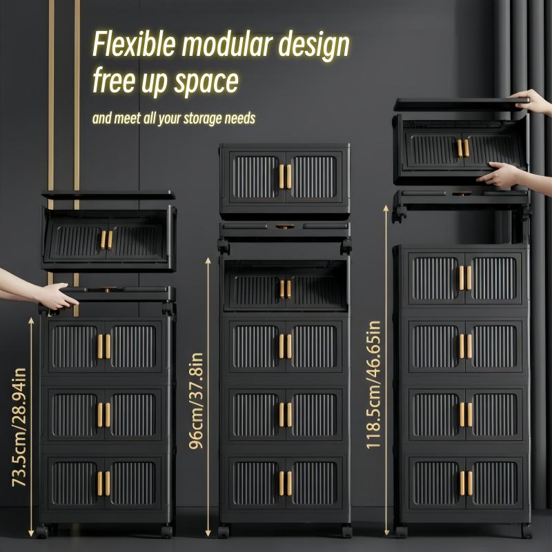 3/4/5-Tier Foldable Storage Cabinet, Stackable Plastic Storage Boxes with Lids for Bedrooms, Multi-Functional and Convenient Wardrobe Storage Box with Casters for Living Rooms, Kitchens, and Bedrooms—Ideal for Storage and Organization (Black)