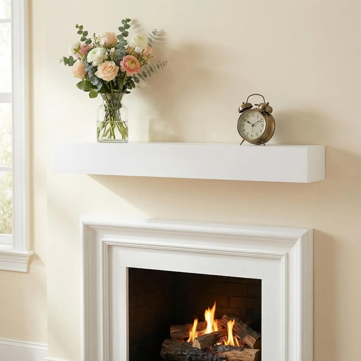 60-Inch Durable Paulownia Wooden Decorative Fireplace Mantel Shelf, Wall-Hanging Floating Shelf with Invisible Hollow Metal Bracket, Modern Farmhouse Decoration for Living Room, Study, Bedroom, 70lbs Load Capacity, Easy Assembly, Invisible Mount