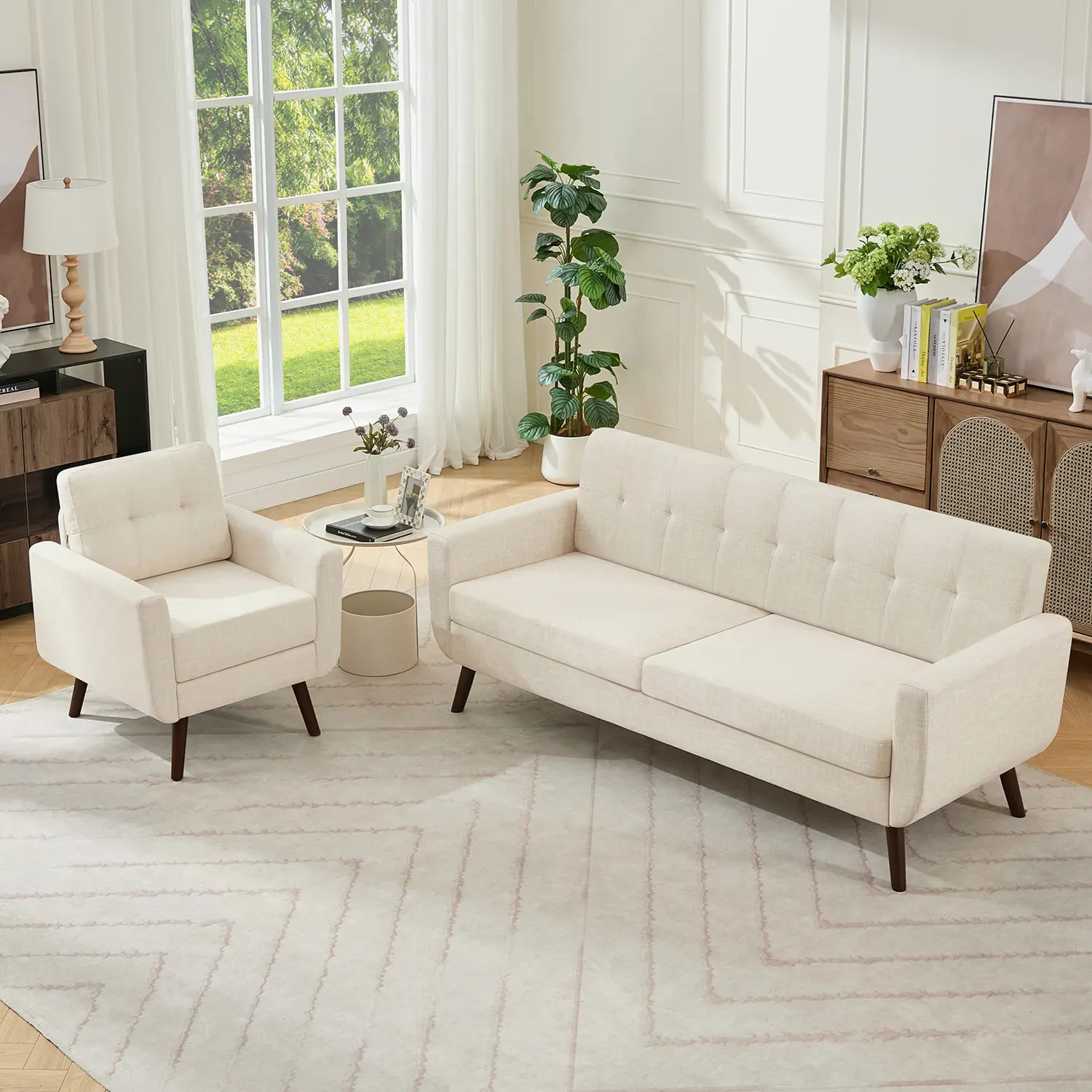 Tbfit Midcentury Modern 2-Piece Compact Beige Linen Sofa Set - Sturdy Button-Tufted Comfy Couch & Accent Chair, 4-Solid Wood Legs, Supportive Sitting, Pocket Spring Seat, Ideal for Small Spaces, Living Room Decor