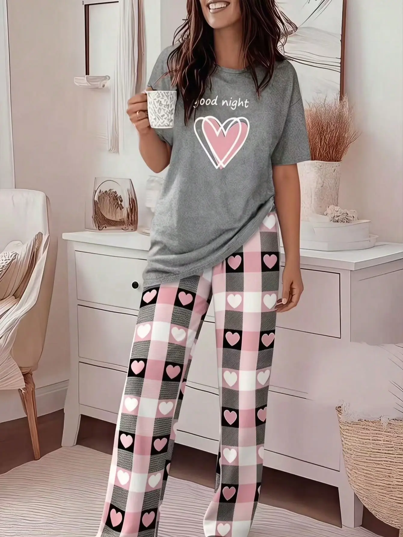 Women's 2 Pieces Lounge SetGood Night Slogan Print Short Sleeve Top andPlaid Print Elastic Waist Pants Set Casual HeartPrint Pajamas Set Comfy Home Loungewear