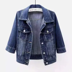 WomenAutumn3/4SleeveVintageCroppedDenimJacketLightBlueJeanCoat