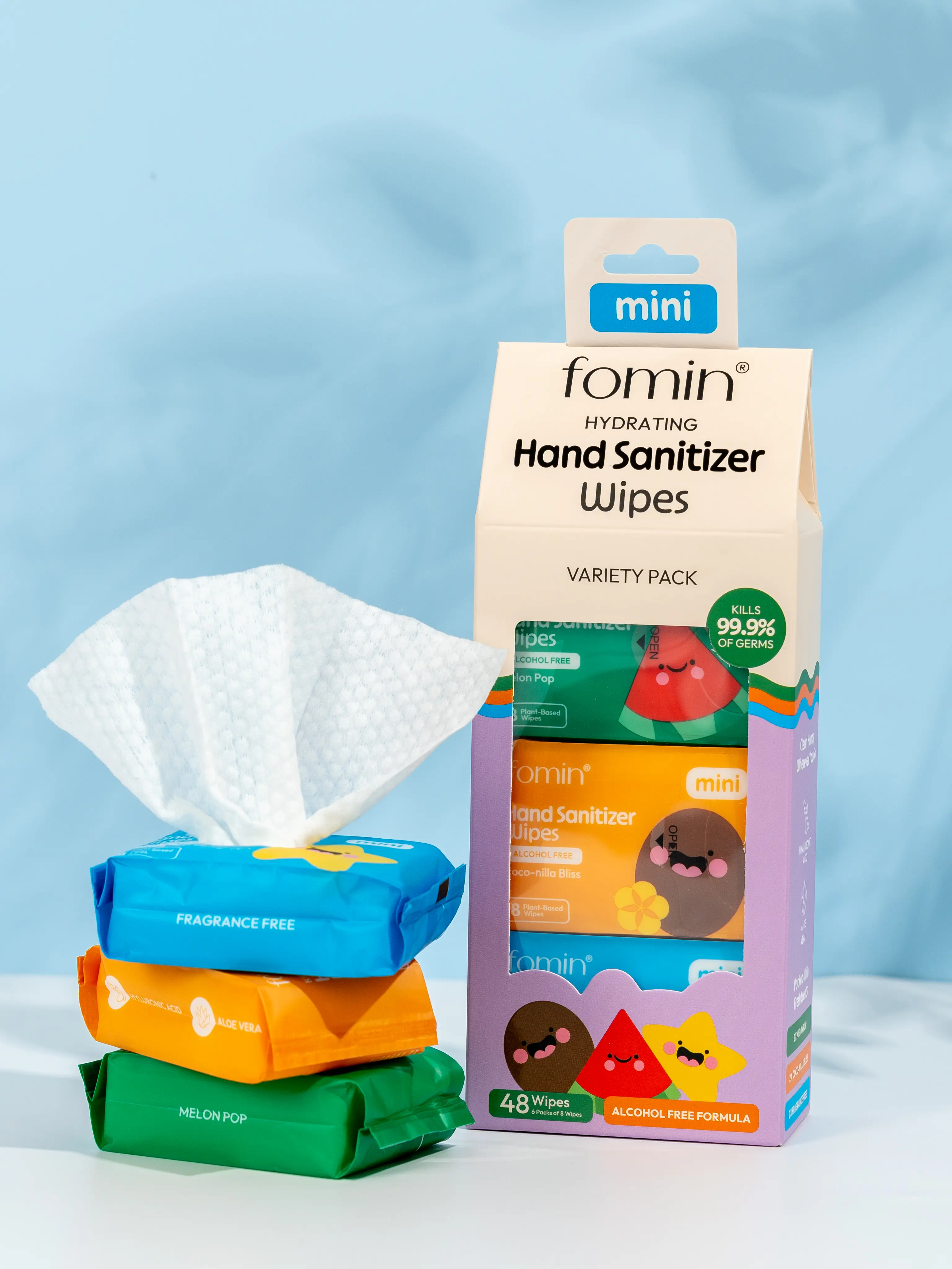 Fomin Mini Hand Sanitizer Wipes 6 Pack (8 Count) – Alcohol-Free Hydrating Travel Wipes for Kids, Moms & On-the-Go Hygiene
