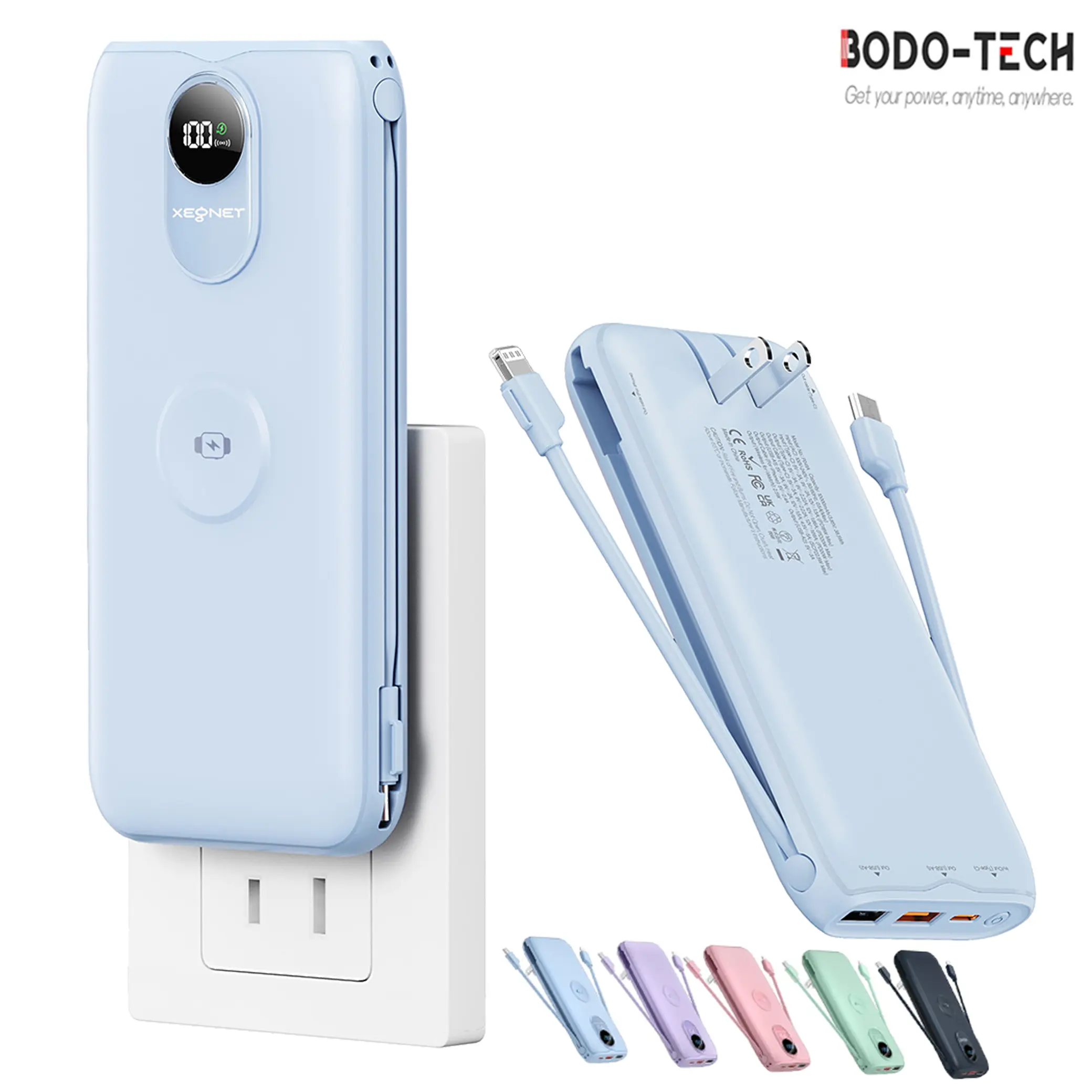 Bodo-Tech 10000mAh Portable All-in-1 Power Bank - Mobile Accessories, Built-in Lightning & USB-C Cables, AC Wall Plug, Wireless Watch Charger, 22.5W Fast Charging, Chargeable Everyday Carry Battery Pack for Devices campingessentials, On The Road, 3 In 1 C