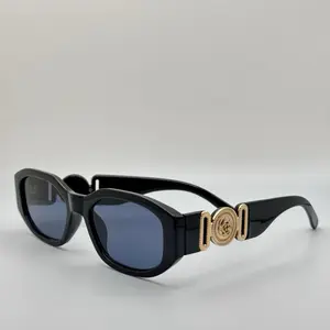 Vintage Rectangle Black Sunglasses | Retro Designer-Inspired Shades | Gold Medallion Statement Glasses | UV Protection Women Sunglasses