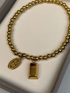 Lucky 14K Gold Plated Bar Elastic Bracelet Jewelry - Minimalist Charm Design, Stretch Band, Lightweight, Comfortable Fit, Ideal Gift for Special Occasions