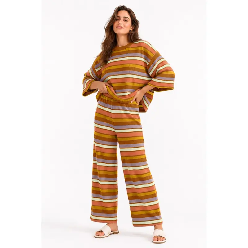 utcoco Women's 2-Piece Matching Retro Oversized Casual Rainbow Striped Ribbed Knit Tracksuit - Polyester-Nylon-Viscose Blend, Long Sleeve Loose Smooth Crew Neck Cropped Top, Wide Leg Relaxed Elastic Trousers for Everyday Wear