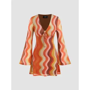 Womenswear Casual Mesh V-neck Abstract Pattern Knotted Mini Dress, 2 Colors, Size 0-10