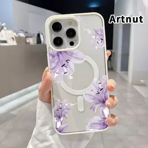 Magnetic Phone Case for iPhone 17 Pro Max 16 Plus 15 14 13 12 11 Air E Lavender Lily Grace Pattern Acrylic Back TPU Edges Clear Full Protection Ultra Thin Protective Cover for boy girl