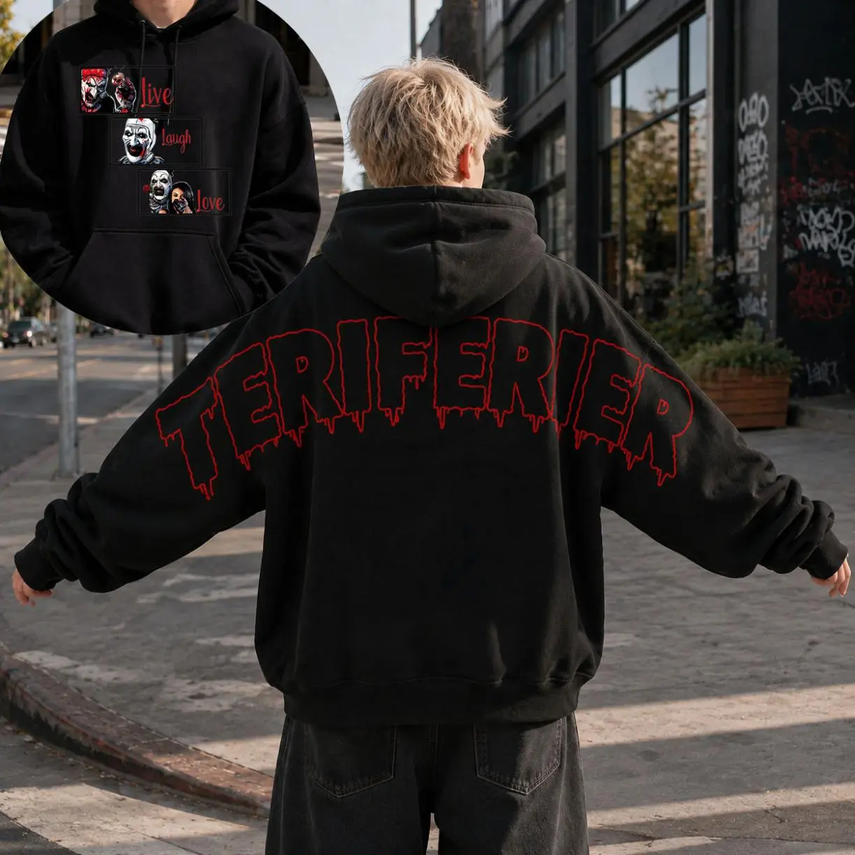 Terrifier Live Laugh Love Vintage Graphic Hoodie Retro Horror Movie Streetwear Oversized Unisex Pullover Sweatshirt Gothic Halloween Gift for Horror Fans