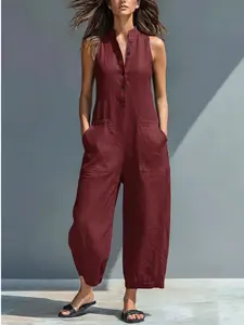 2026 Casual Women's Simple Fashion Belted Solid Color Stand Collar Sleeveless Loose Bodysuit, Comfortable and Stylish Everyday Wear Jumpsuit