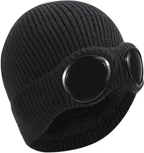 Unisex Knitted Goggles Beanie - Winter Stylish Skull Warm Cap, Outdoor Sports Fashion Fleece Lining Stretchy Hat