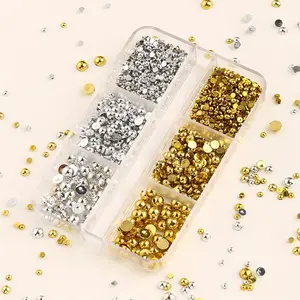 Golden & Silvery Half Round Pearl Beads, Mix Sizes Flatback Pearl Nail Gems Shoes Pearls Loose Flat Back Pearls Round Plastic Beads for DIY Crafts Necklaces Bracelets Jewelry Nail Art