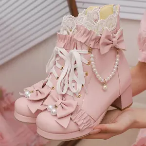Womens Cute Kawaii Lolita Boots Chunky Heel Platform Ankle Boots with Pearls Lace Up Sweet Bow Cosplay Dress Shoes