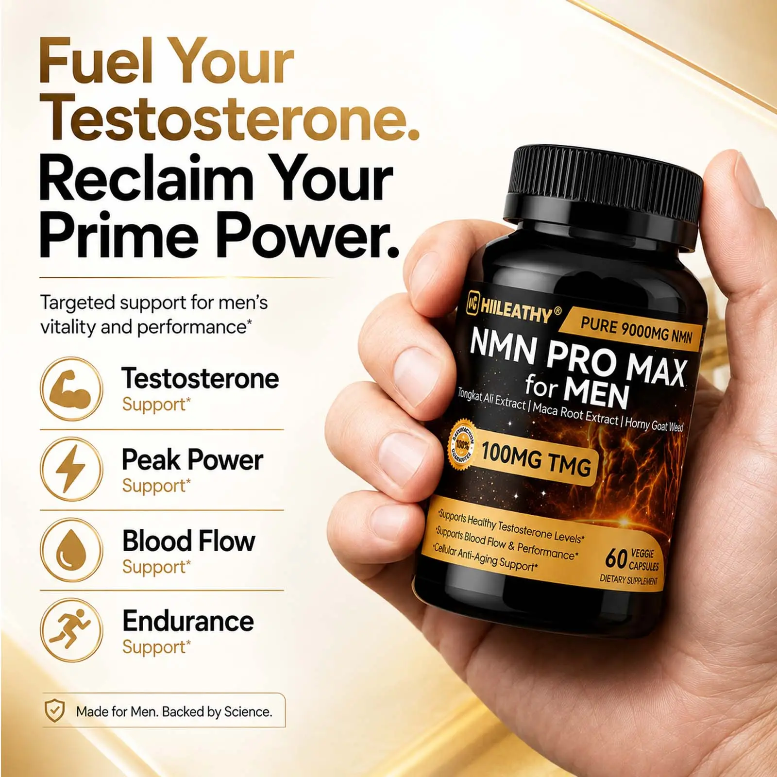 HIILEATHY NMN Pro Max Dietary Supplement, 60 Veggie Capsules with NMN, TMG, Zinc, Quercetin, Energy Boost, Energy Metabolism Support, Antioxidants, Daily Supplemental Nutrition Support, Prop 65 Safe, Caffeine-Free Vitamins Supplements, Edible