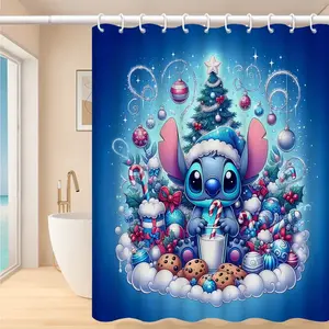 DISNEY CLASSIC Christmas Stitch Shower Curtain, Adorable Character Surrounded by Festive Decorations