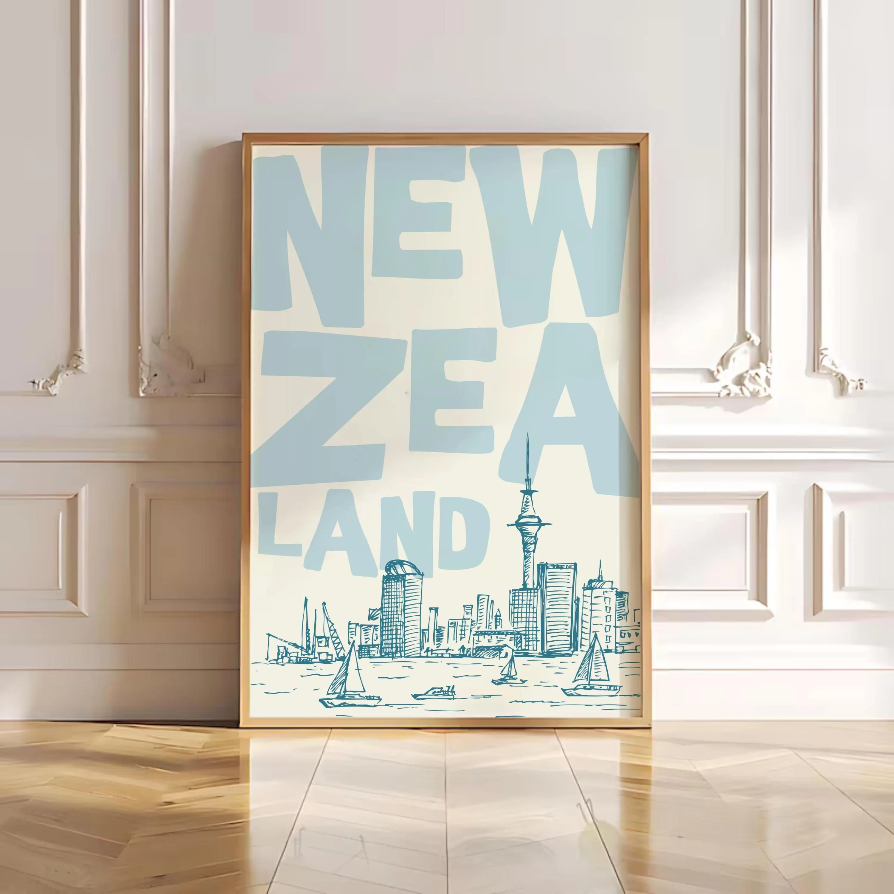 New Zealand Poster, Retro Blue Green Auckland Print, City Skyline Harbour Wall Art Sailboat Illustration Hand Drawn Travel Trendy Dorm Decor