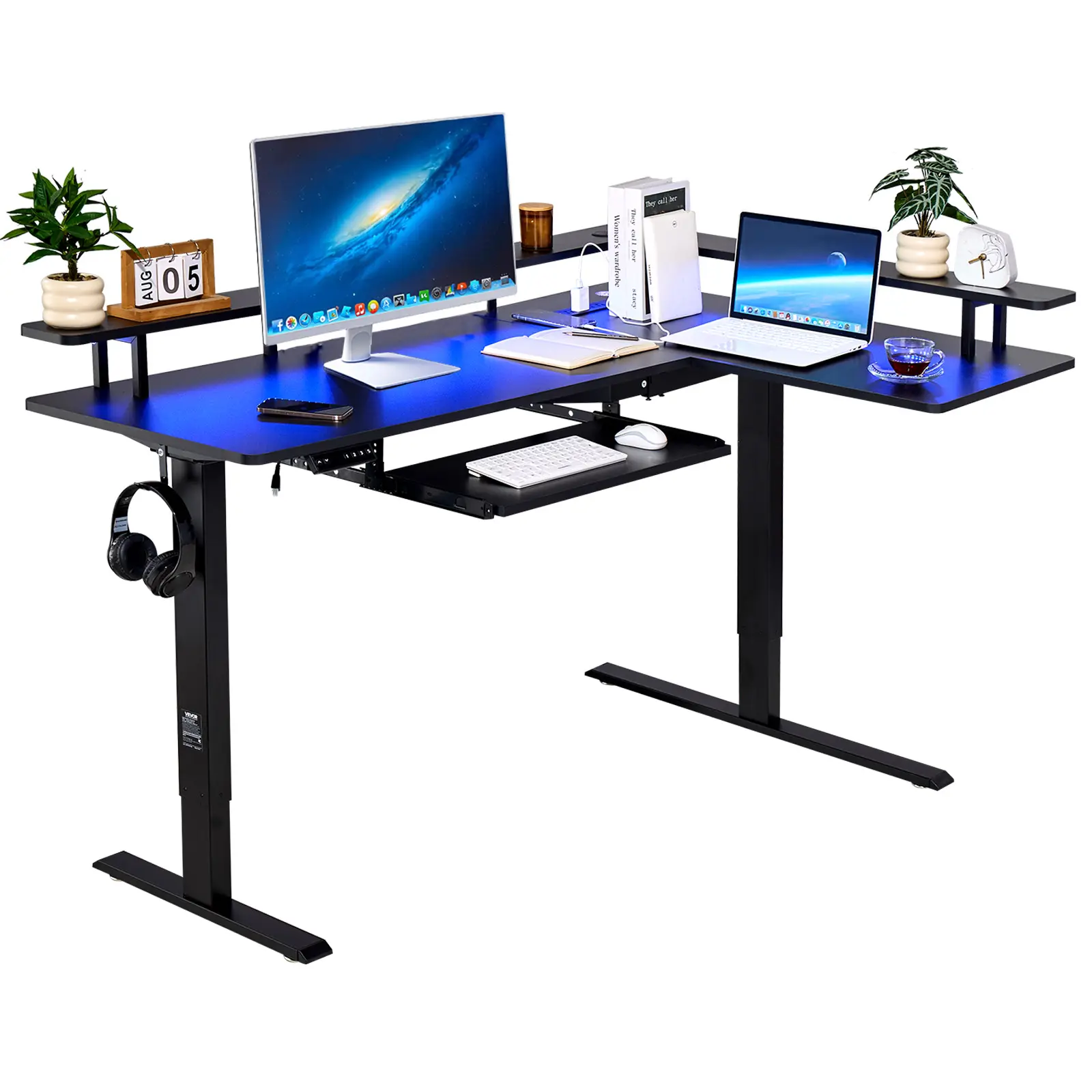 【SummerFinds】VEVOR L-Shaped Corner Gaming Desk, Electric Height Adjustable Particleboard Computer Table with Keyboard Tray, Dual Hooks, Light Strip, Heavy Duty for Home Office, Easy to Assemble, Black, Adjustable Desks, All-In-One Desks
