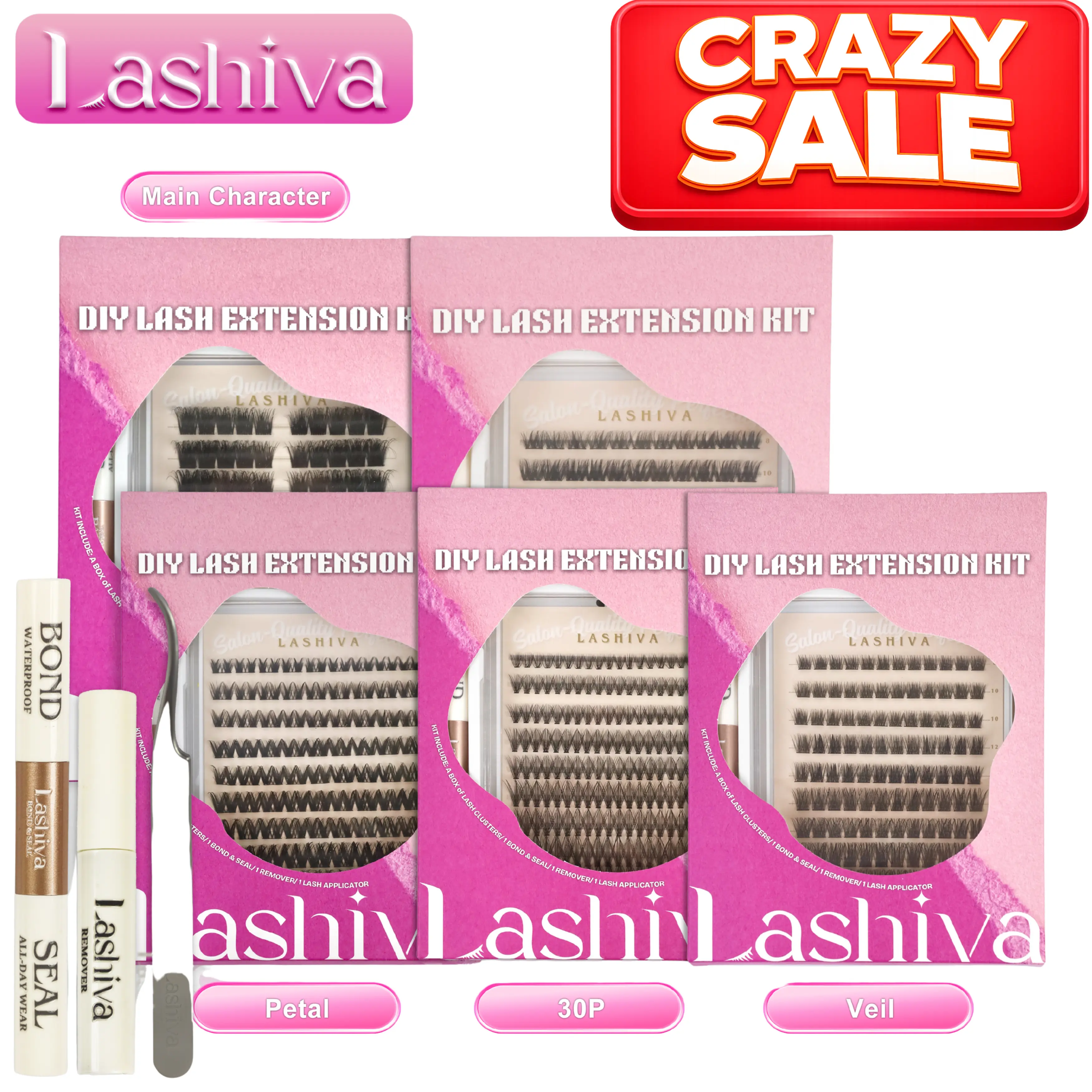 Crazy Sale！Lash Kit！ - DIY Lash Extension Kit Natural Look Soft Cluster Lashes with Bond & Tweezers, Waterproof & Long-Lasting, Salon High-Quality Materials