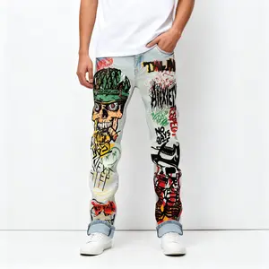 Jeans with Graffiti Prints That Reflect a Versatile And a Retro, Nostalgic Street Fashion Trend.-222  Casual Denim Menswear Streetwear Classic Stretch Stylish Tapered Man skinny jeans baggy jeans for men jeans pants for men selvedge denim levis jeans