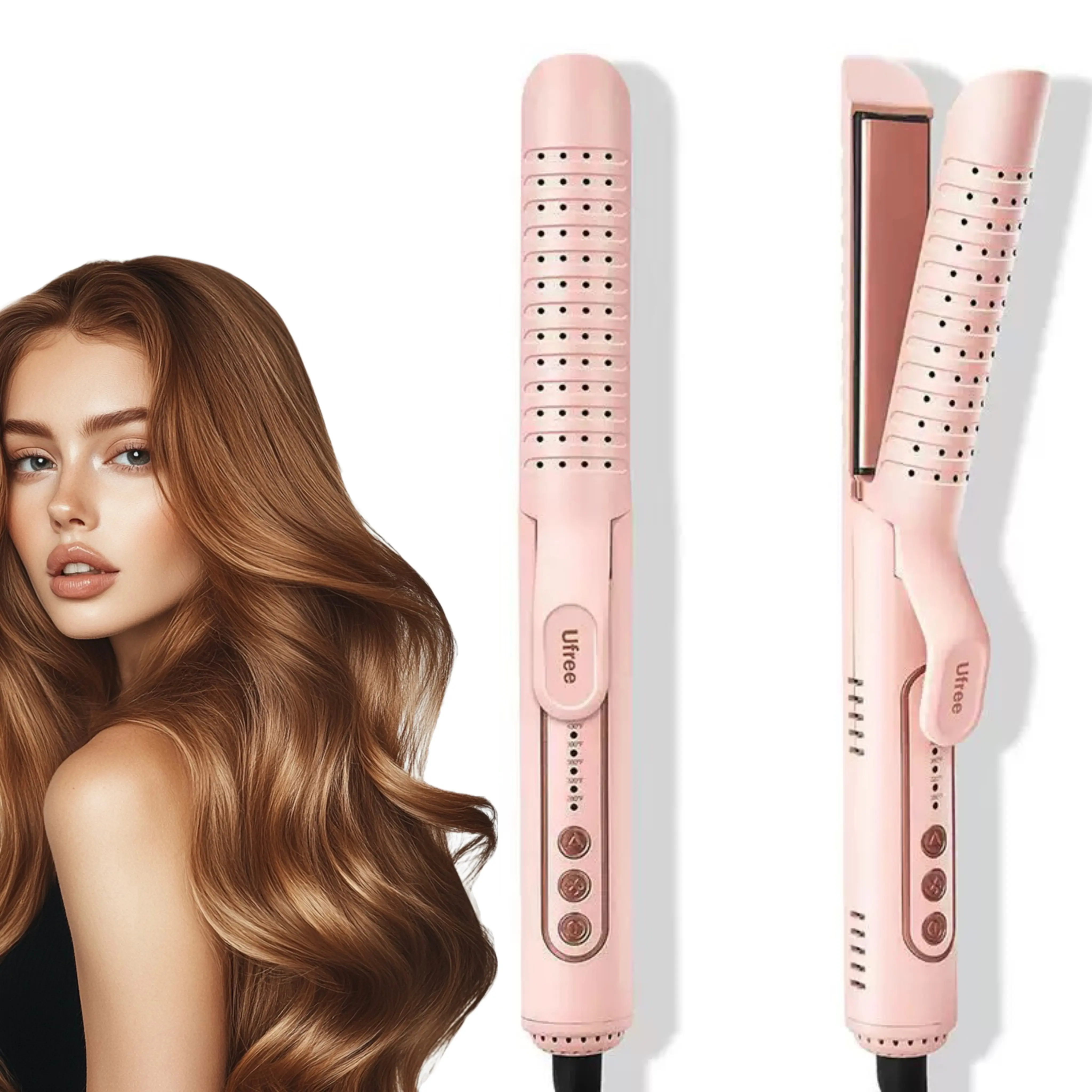 Curling Iron - 360° Airflow Styler Curling Iron 1 1/2 inch, Titanium Hair Straightener and Curler 2 in 1 for Women, for Lasting Curls, 4 Temps, Europe Travel 110V-240V
