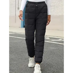 Women's Winter Windproof Ski Pants - Ultra-Light Warm Outdoor Snow Pants, Navy Blue Nylon Padded Trousers with Drawstring Waist for Sports & Cold Weather