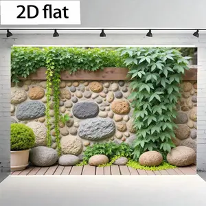 Outdoor Garden Decor Banner, Rustic Wooden Top & Ivy Background, Natural Stone Deck & Potted Shrubs, Smooth Round Stones Highlight Plants