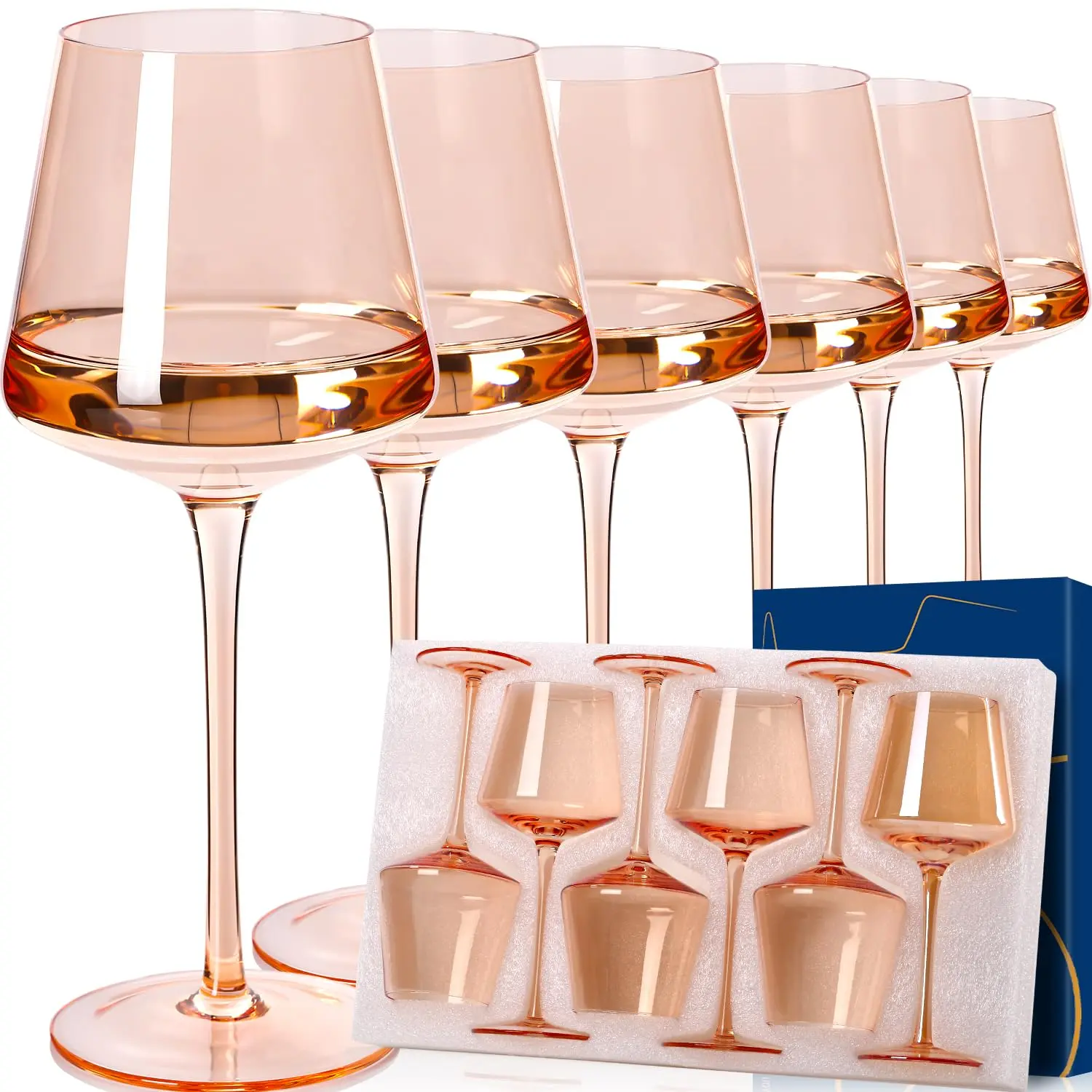 Light Pink Wine Glassware Gift Set - Hand Blown Glass Drinkware for Red White Wine, Set of 6, 18oz Blush Pink Wine Glasses