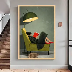 Cozy Reading Moment Canvas, Woman on Green Chair Art, Red Shoes Wall Decor, Floor Lamp - Large Canvas Wall Art, Oversized Statement Piece