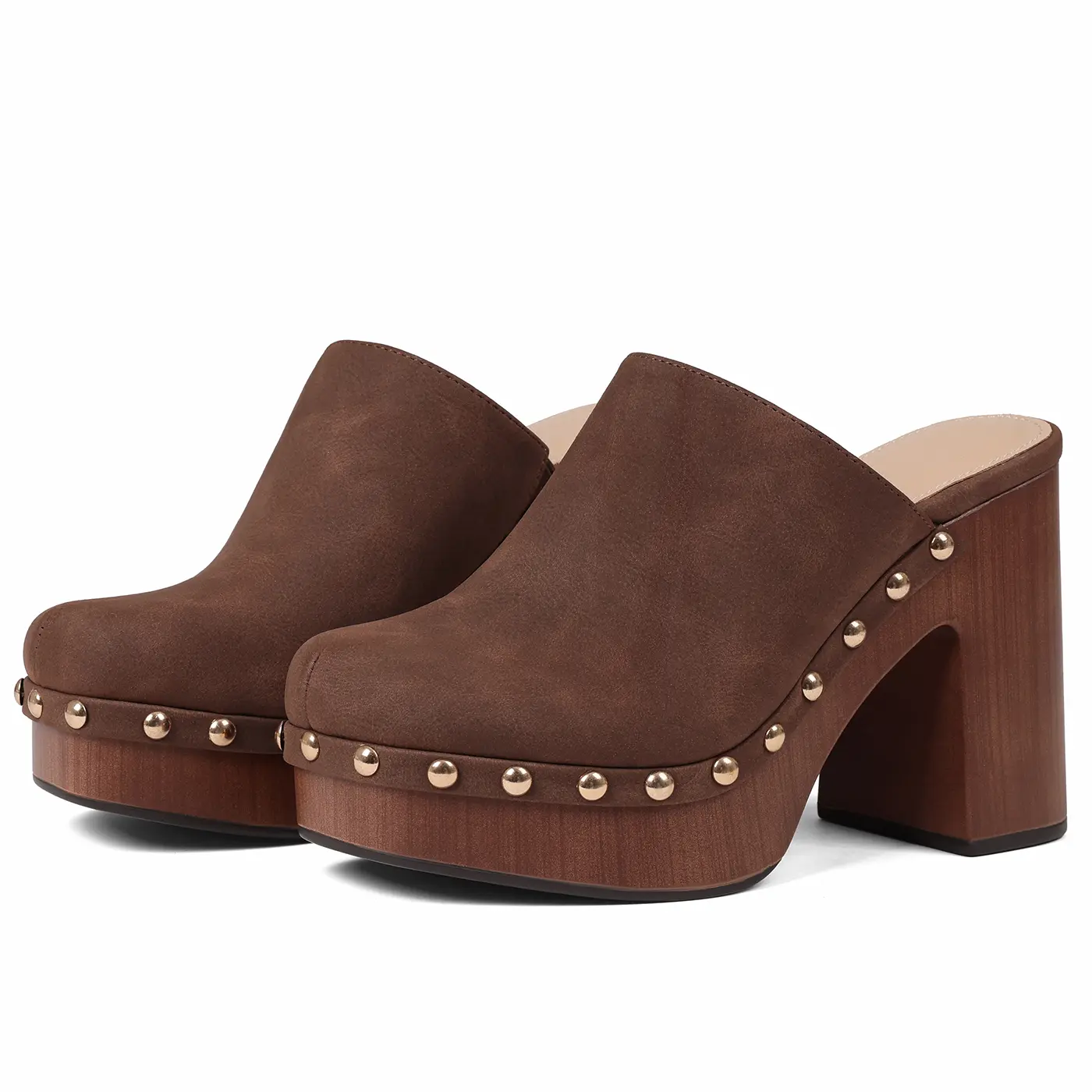 Vintage Retro Women's PU Leather Suede Mules with ABS Chunky Heel Rivet Platform Clogs Slip-On Shoes wedge women