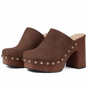Vintage Retro Women's PU Leather Suede Mules with ABS Chunky Heel Rivet Platform Clogs Slip-On Shoes wedge women