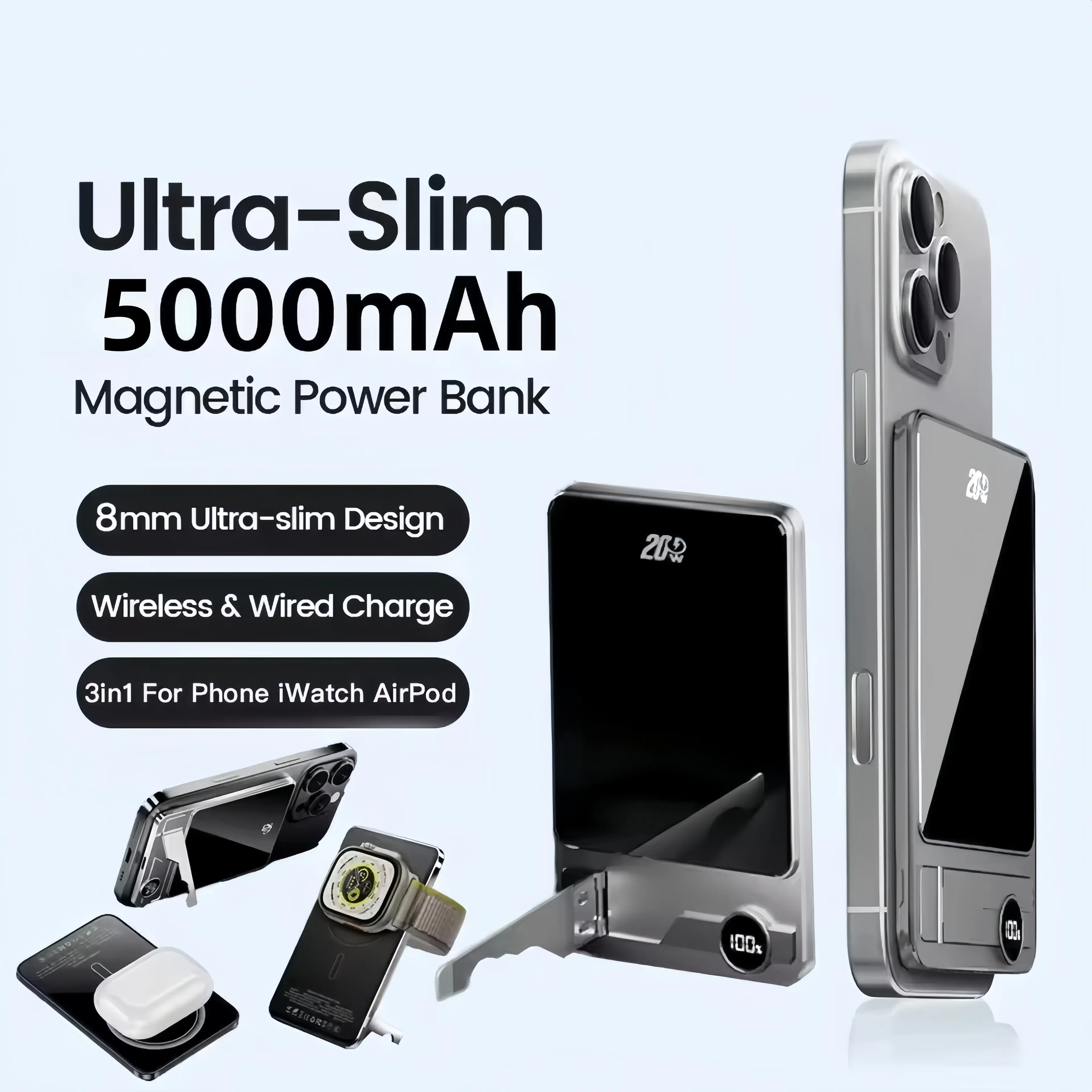 5000mAh Magnetic Power Bank for iPhone, 20W USB-C Fast Charging Portable Charger with Built-In Cable, Metal Kickstand and LED Display, Compatible with iPhone 16/15/14/13/12