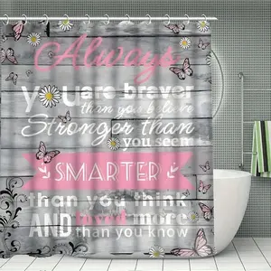 1/4pcs Butterfly & Letter Pattern Bathroom Decor Set, 4 Counts Non-slip Bath Mat & U-shaped Commode Contour Rug & Toilet Lid Mat & Shower Curtain with 12 Hooks, Bathroom Accessories, Bathroom Decoration Accessories