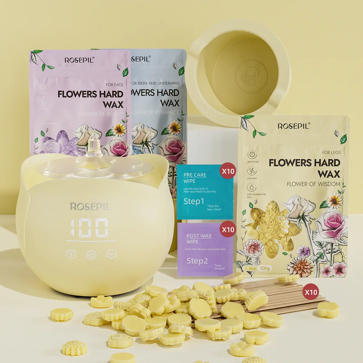 ROSEPIL Waxing Kit Set - Safe Full Body Waxing for Women & Men with 3 Scented Wax Beads, Argan Oil, Jojoba Oil, & Beeswax for At-Home Hair Removal Body Care Wax Waxingkitset