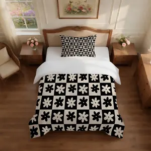 Checkerboard Floral Print Comforter Set, 2/3 Pieces (1 Comforter + 1/2 Pillowcases, No Pillow Insert), Soft & Breathable Retro Boho Floral Printed Bedding, Ideal for Teens & Adults Bedroom Decor, Thoughtful Holiday & Souvenir Gift for Women