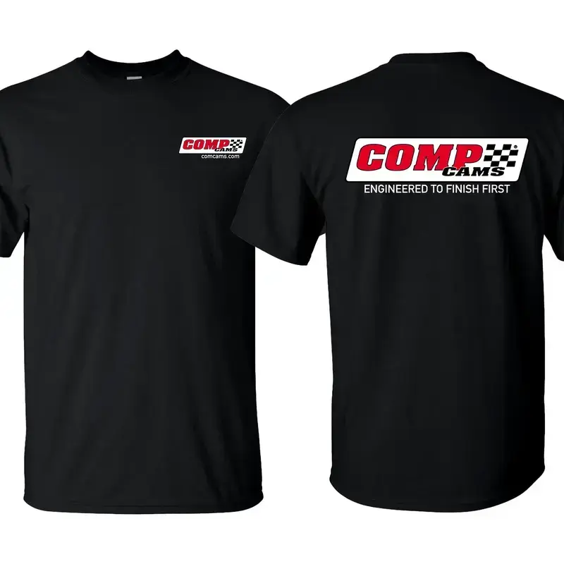 COMP Cams Racing Premium Cotton Blend Unisex Crewneck Short-Sleeve Graphic T-Shirt - Engineered to Finish First, Automotive Performance Shop Mechanic Top, Baseball Vibe, Leather Compatible, Office-Casual Cargo Pants Pairing, Gift for Car Enthusiasts, Raci