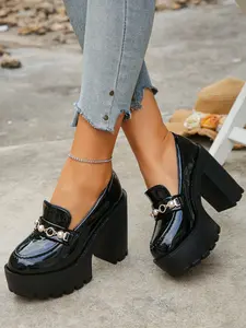 Women's Patent Leather Platform Loafers, Chunky Block Heel, Pearl & Metal Buckle Detail, Height Boosting, Slip-On Style, Formal & Casual Shoes for Work, Office, Professional Settings
