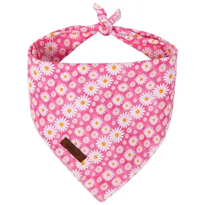 Pink Daisy Spring Dog Bandana, Cotton Triangle Scarf, Washable & Comfortable, Adjustable Pet Bib Kerchief for Small Medium Large Dogs