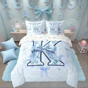 Feelyou 7-Piece Ultra Soft Blue Bow Motif Bedding Set - Multi-Size Preppy Theme Duvet Insert with Initial Bowknots, Fantasy Aesthetic Gift for Girls, Seven Pieces