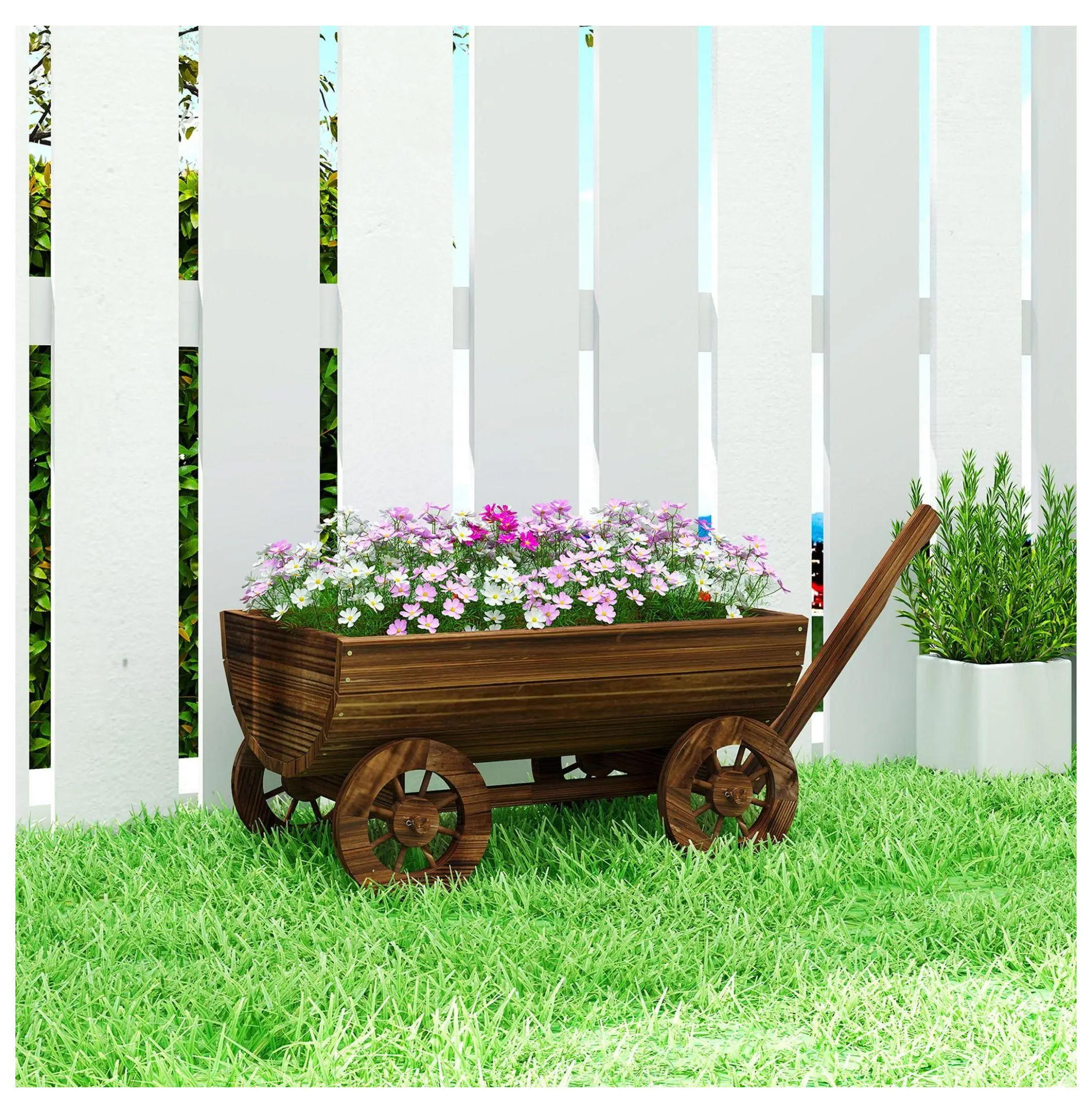 Wooden Wagon Planter Box, Mobile Garden Cart with Wheels, Small Wheelbarrow Flower Planter, Outdoor Rustic Decorative Wagon Default Title