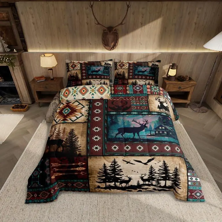 Deer Comforter Set All Season Rustic Cabin Country Bedding Set Southwestern Exotic Microfiber Bedclothes Bedroom Decor Duvet Quilt Breathable Soft Lightweight