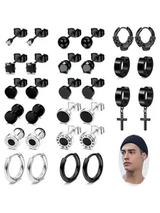 15 Pairs Black Cool Stainless Steel Stud Hoop Earrings for Women Men Huggie Dangle Hinged Cross Earrings Unique Small Plain Stud Hoop Earrings Body Piercing Jewelry Set Hoop Earring Sets Fashionable Hoop Earrings