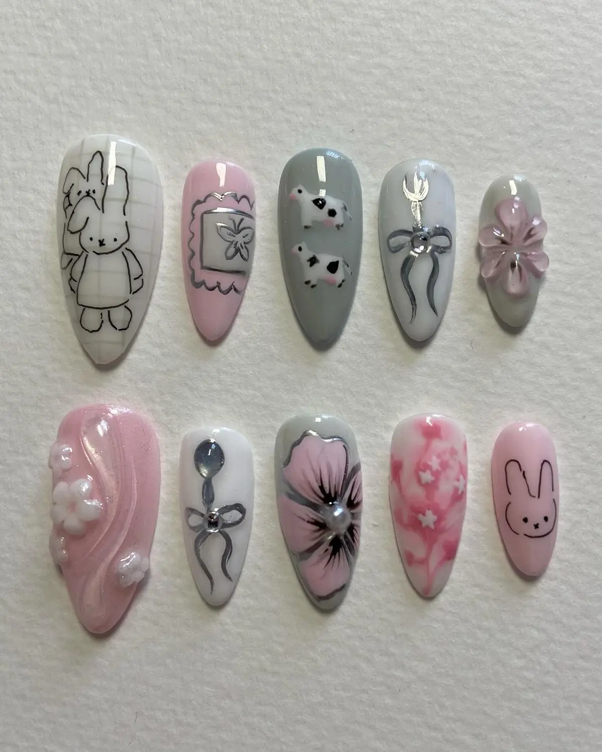 Handmade Miffy Cow Press On Nails, 3D Bow Floral Nail Art, Cute Kawaii Pastel Animal False Nails, Hand Painted Glossy Gel Nails, Cow Print Y2K Nail Set | Gift Set (Adhesive Tabs, Nail File, Cuticle Stick)