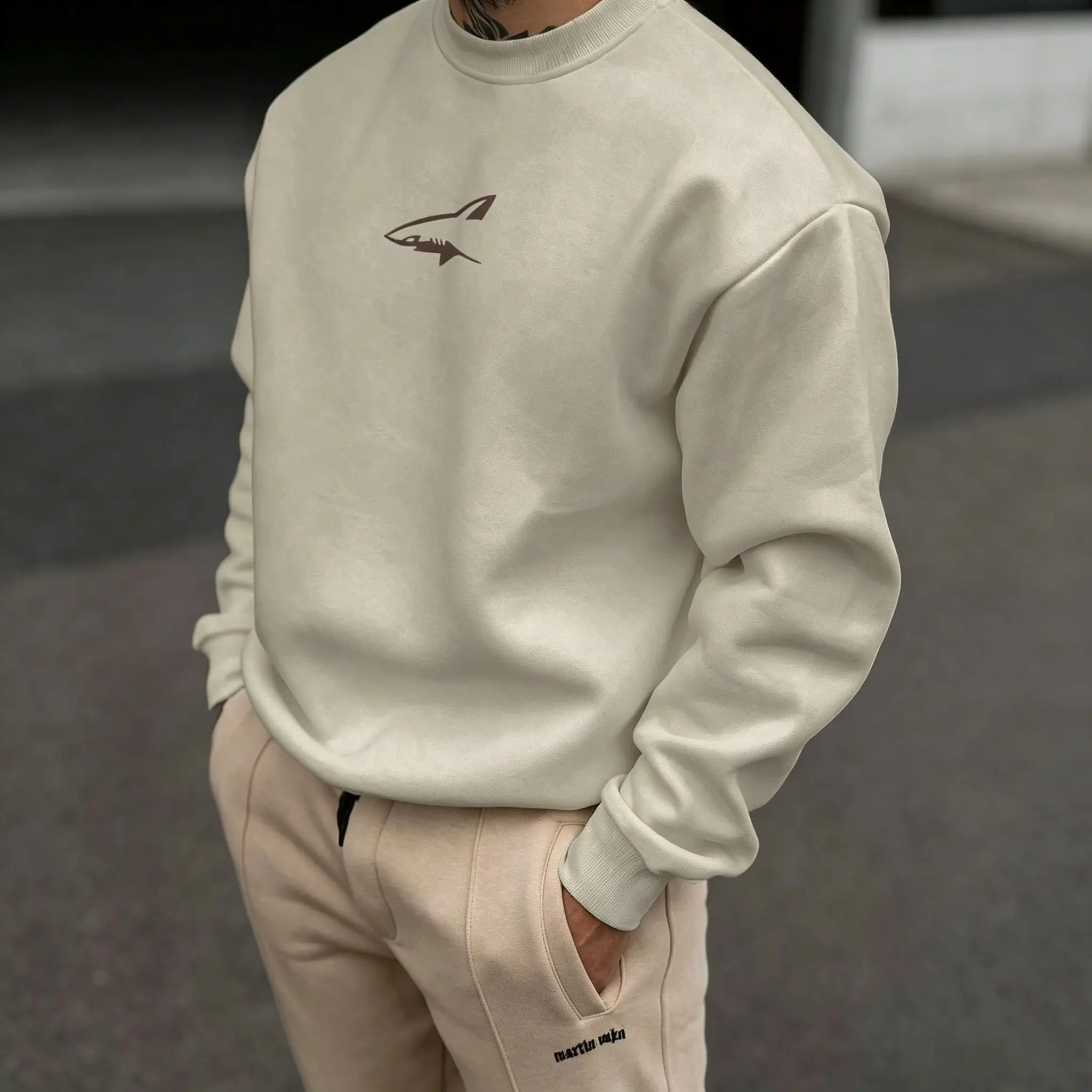 Men’s Shark Print Crewneck Long Sleeve Sweatshirt – Soft, skin friendly knit fabric, ribbed cuffs & hem, front & back graphics, relaxed dropped shoulder fit, American gym street style top for training, everyday wear & commuting