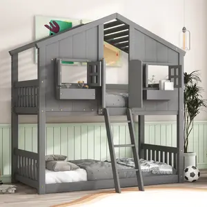 Twin over Twin House Bunk Bed Solid Wood Floor Bunk Bed Frame with Roof , Window, Window  Box, Door, with Safety Guardrails and Ladder