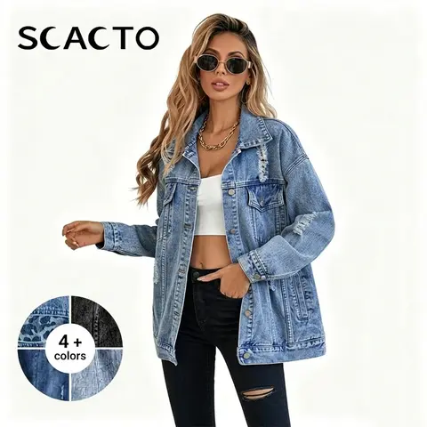 Scacto Women's Retro Jean Jacket - Vintage Distressed Collar, Long Sleeves, Ripped Fringe, Casual Pockets, Soft Buttons, Oversize Fit, Comfortable Denim Fabric Outerwear for Everyday, Work, Dating