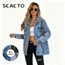 Scacto Women's Retro Jean Jacket - Vintage Distressed Collar, Long Sleeves, Ripped Fringe, Casual Pockets, Soft Buttons, Oversize Fit, Comfortable Denim Fabric Outerwear for Everyday, Work, Dating