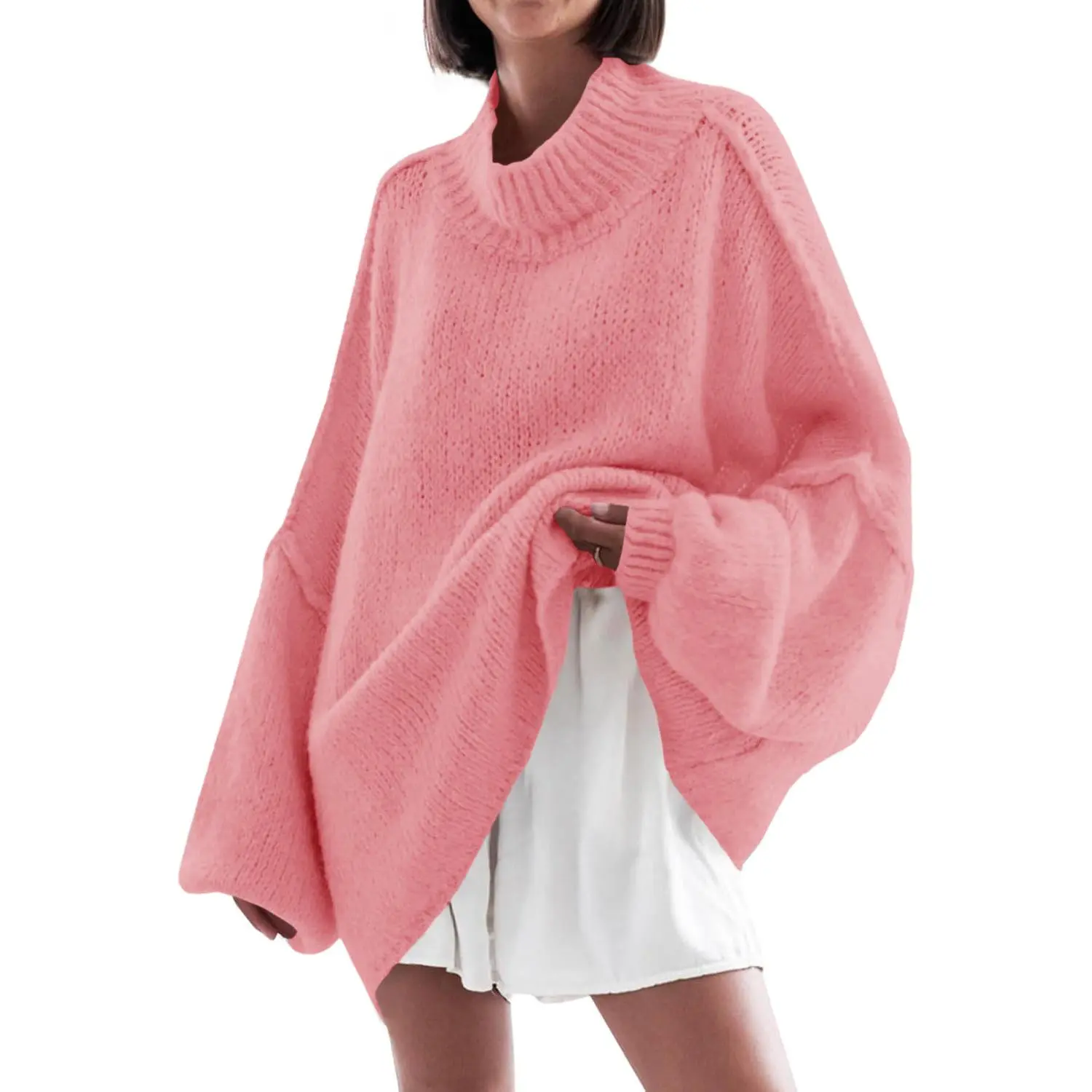 Imily Bela【Oversized】Womens Sweaters Mock Neck Batwing Long Sleeve Fall Trendy Ribbed Knit Casual Tunic Sweater