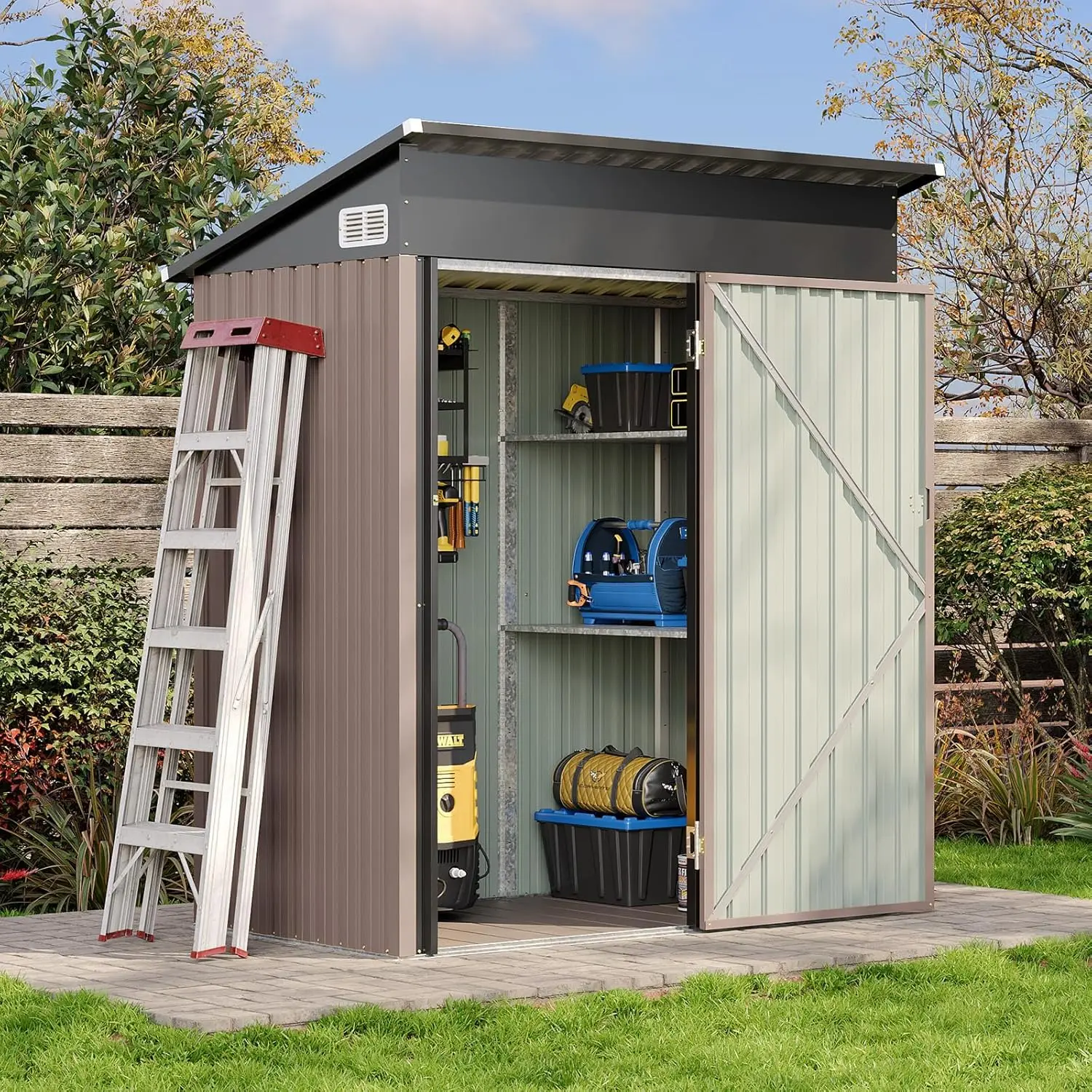 Jolydale Small 5x3 ft Rectangular Outdoor Metal Storage Cabinet - Small Shed with Waterproof Design, Floor, Lockable Doors, Slooping Roof for Backyard, Patio