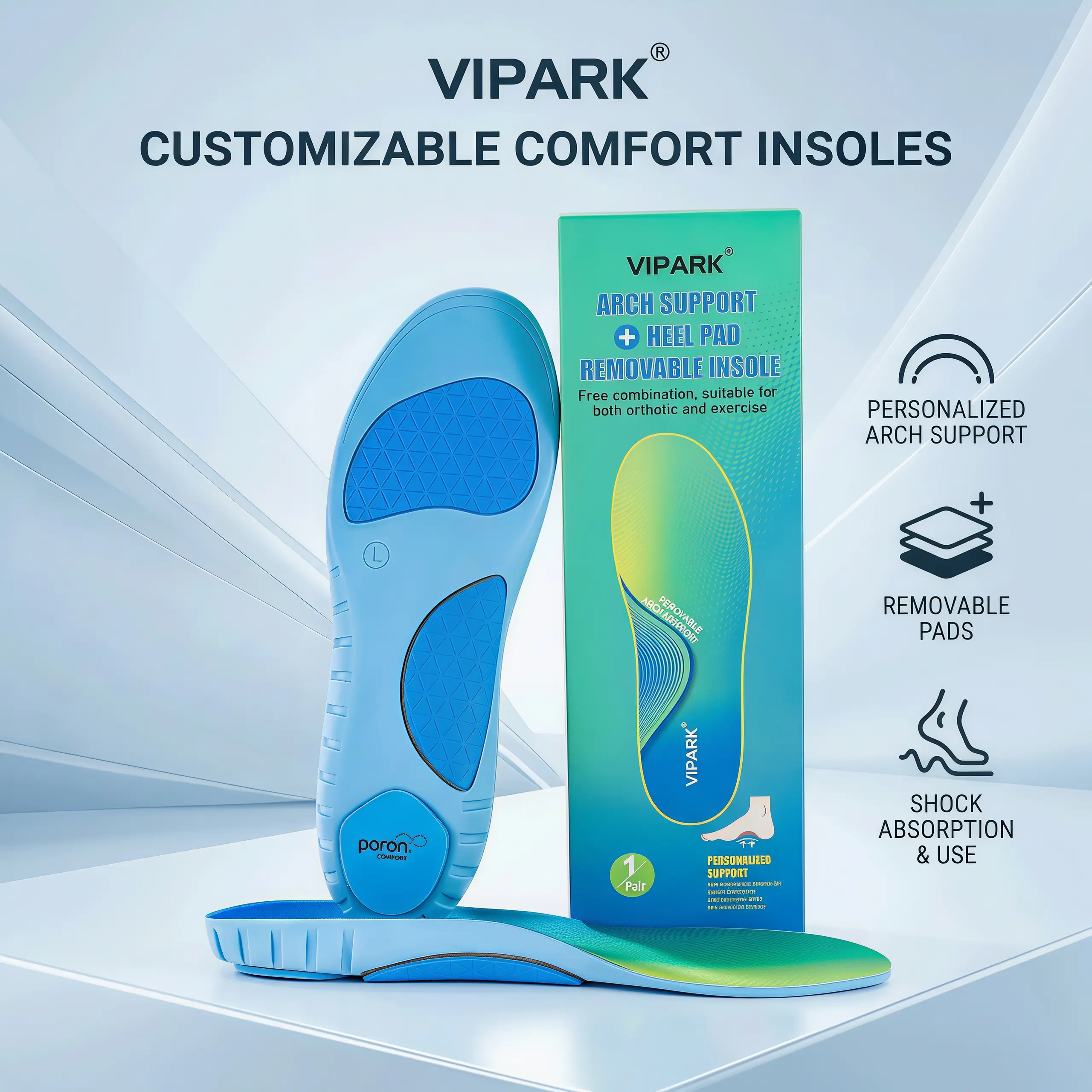 VIPARK Orthopedic Insoles with Adjustable High Arch Support for Plantar Fasciitis Relief, EVA & PORON Orthotics with U-Shaped Heel Cup for Work Boots & Sneakers, Plantar Fasciitis Insoles & Heel Liners, Foot Pain Relief Insoles & Heel Liners
